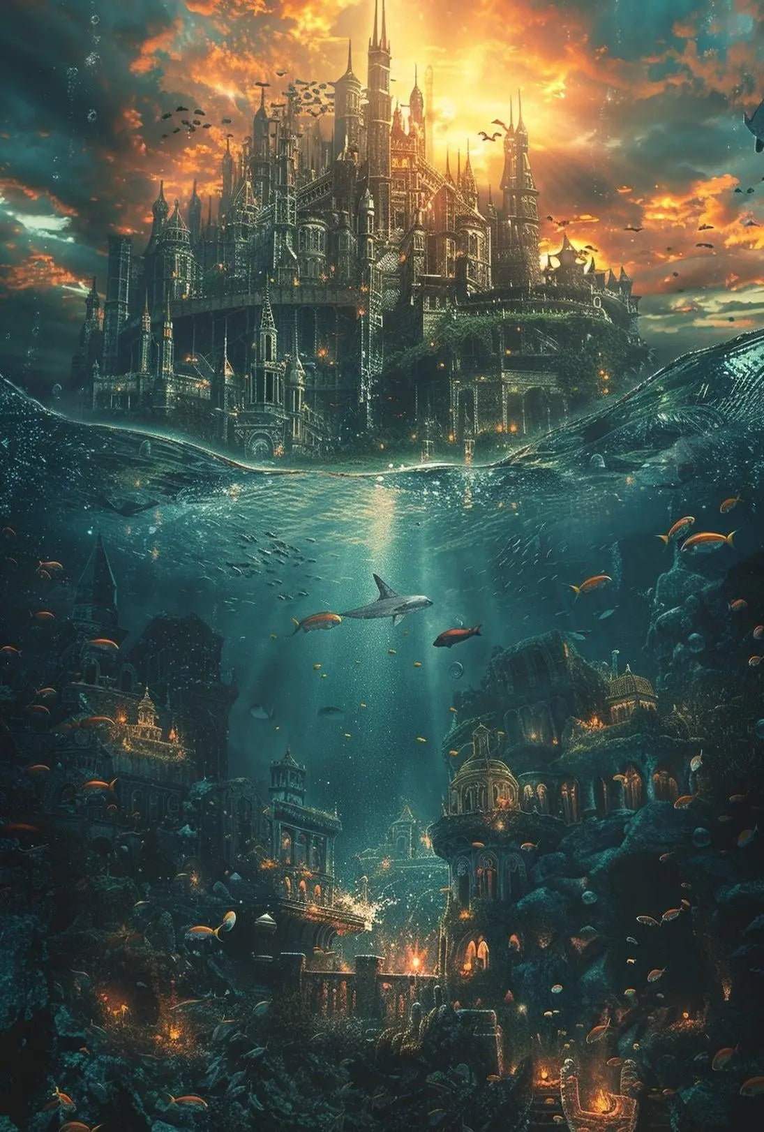 Fantasy Cityscape Adventure: Epic Duality of Worlds Poster PosterGoat