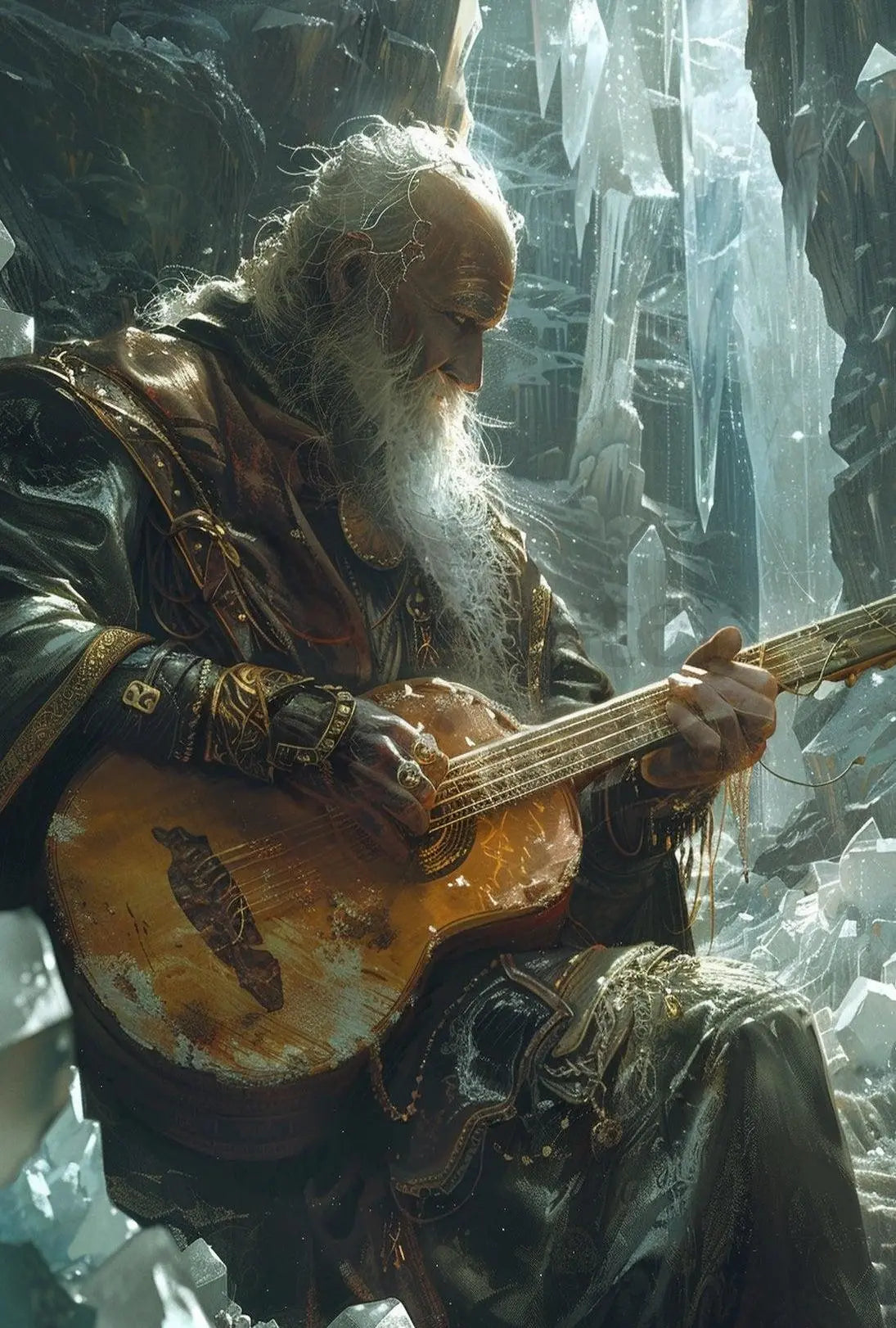Fantasy Elderly Musician in Enchanting Realm Poster PosterGoat