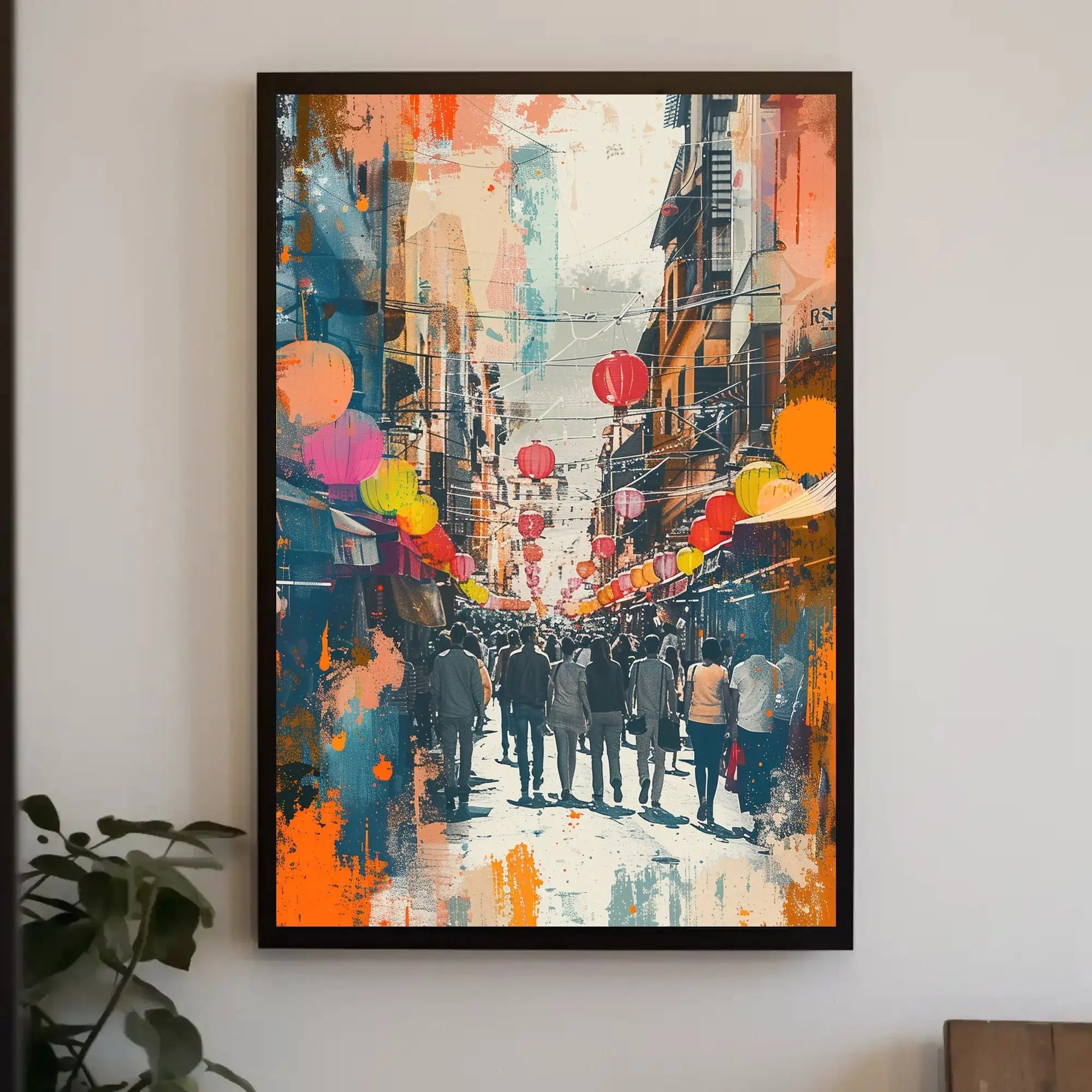 Festive East Asian Street Scene Vibrant Abstract Poster PosterGoat