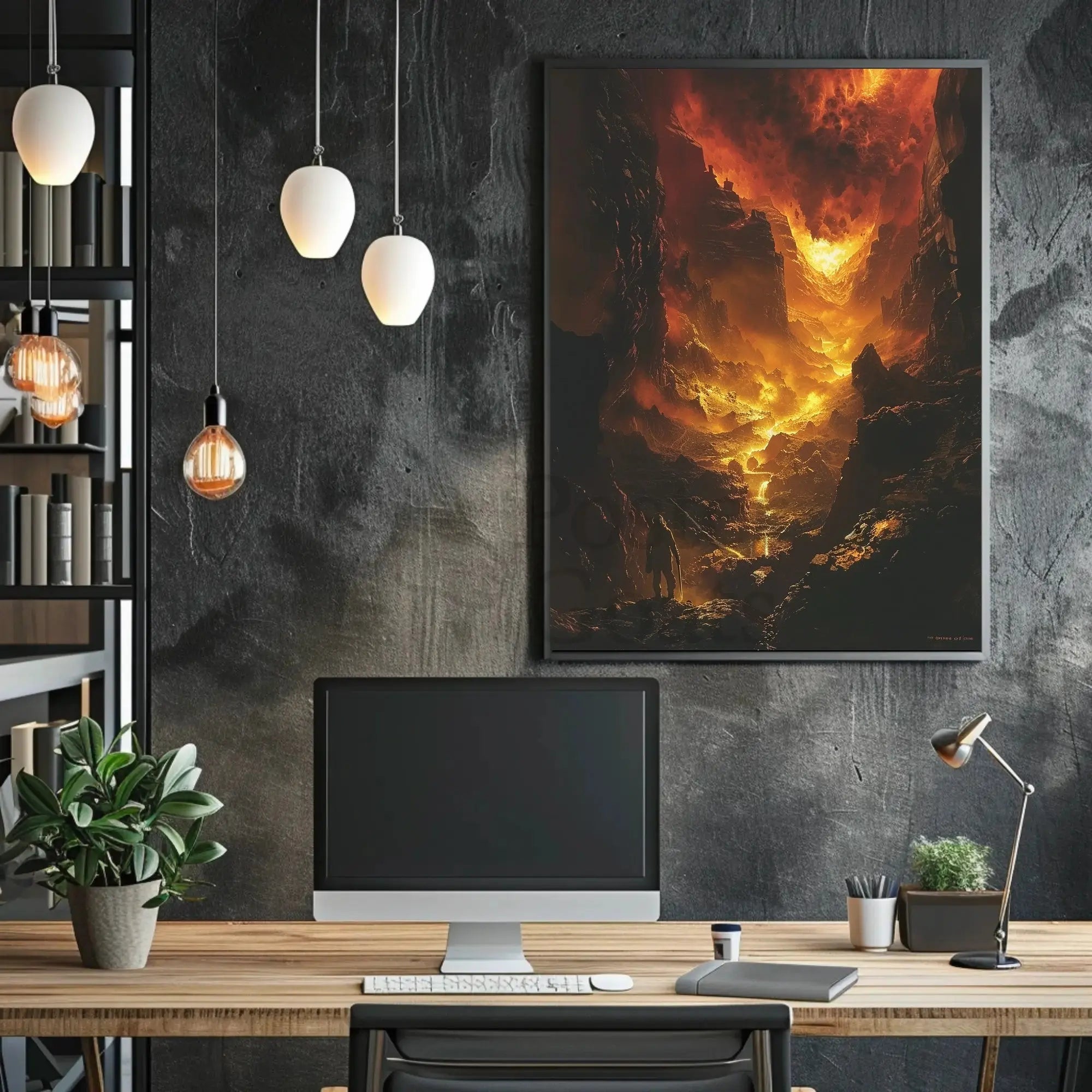 Fiery Quest in Cavernous Landscape Futuristic Sci-Fi Poster PosterGoat