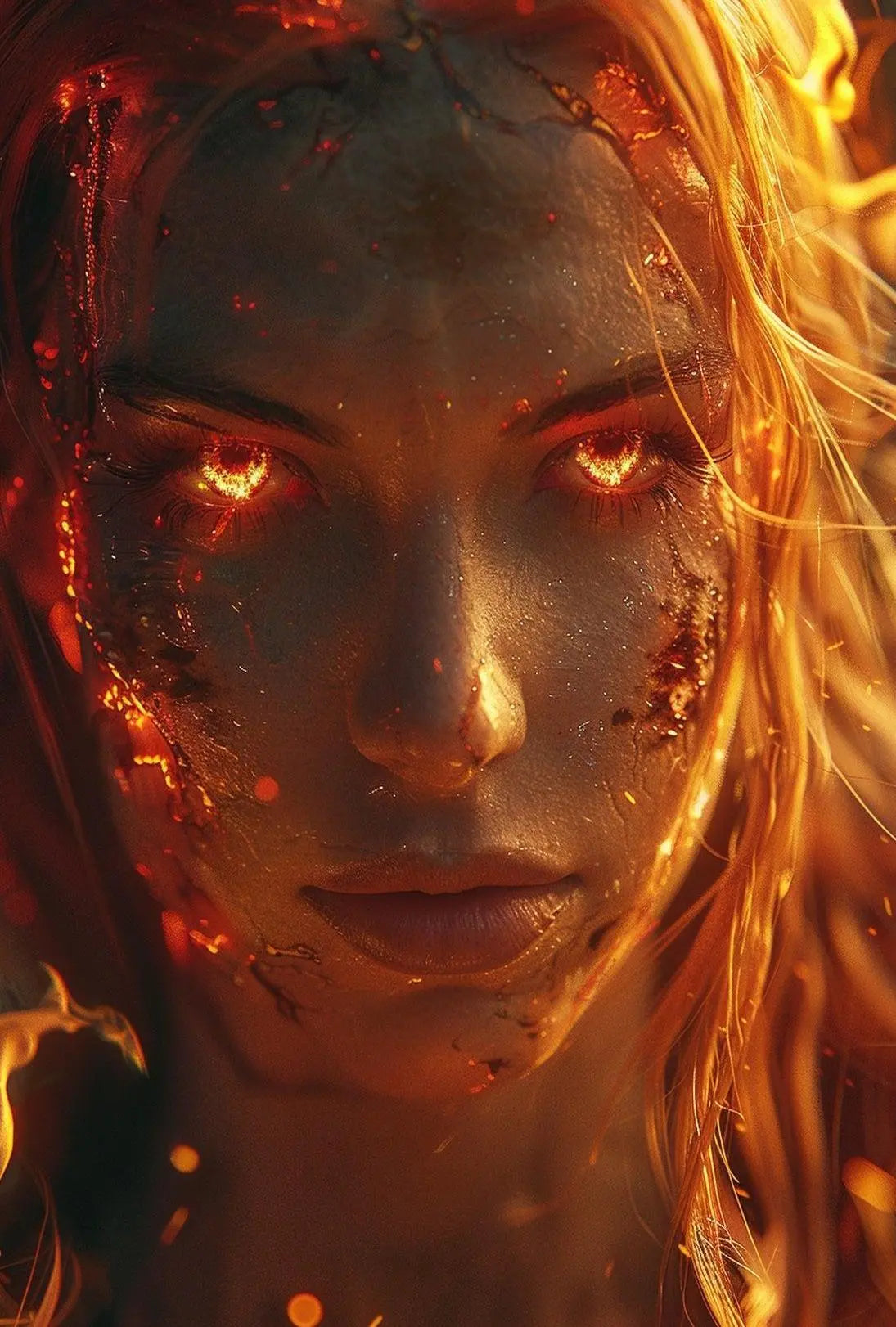 Fiery Transformation Hyper-Realistic Futuristic Sci-Fi Poster PosterGoat