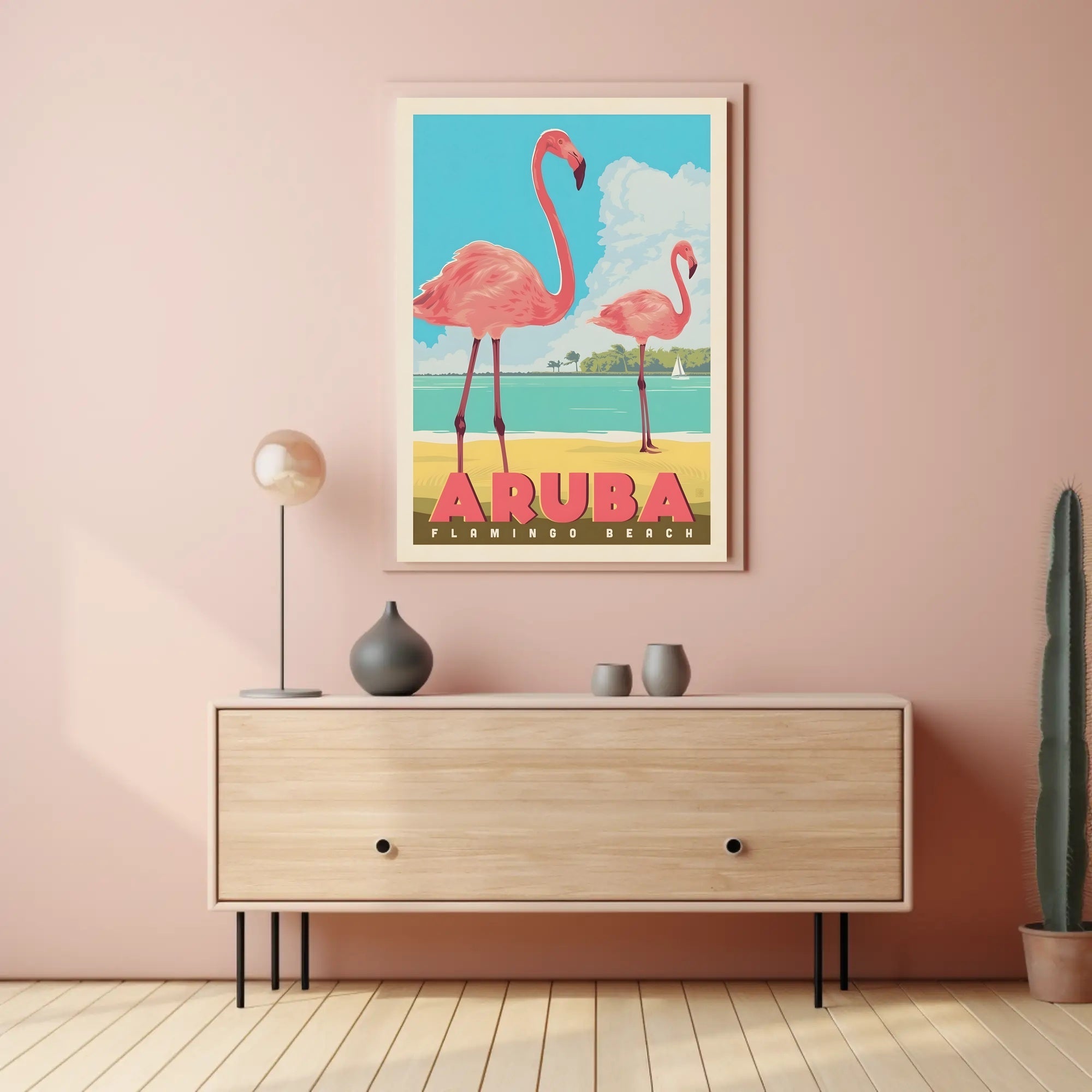Flamingo Beach Aruba Retro Travel Paradise Poster PosterGoat