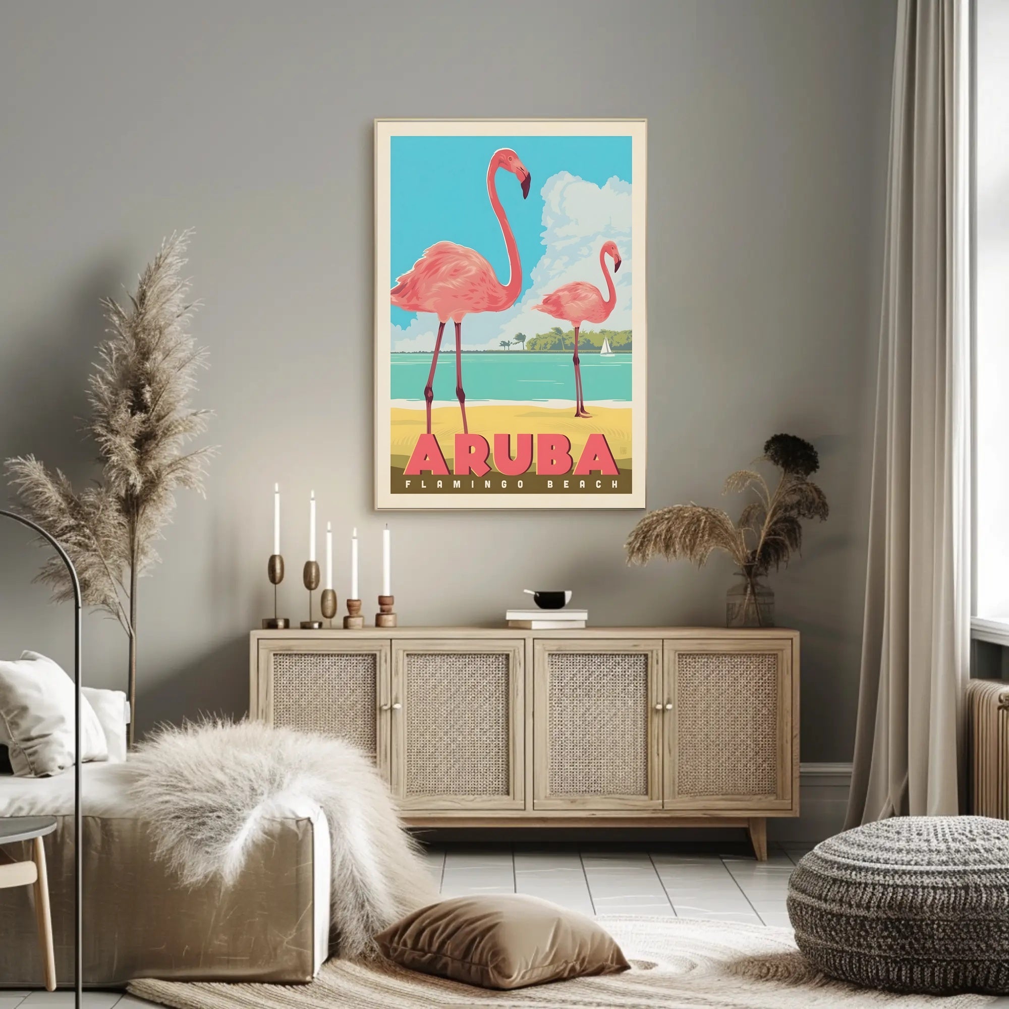Flamingo Beach Aruba Retro Travel Paradise Poster PosterGoat