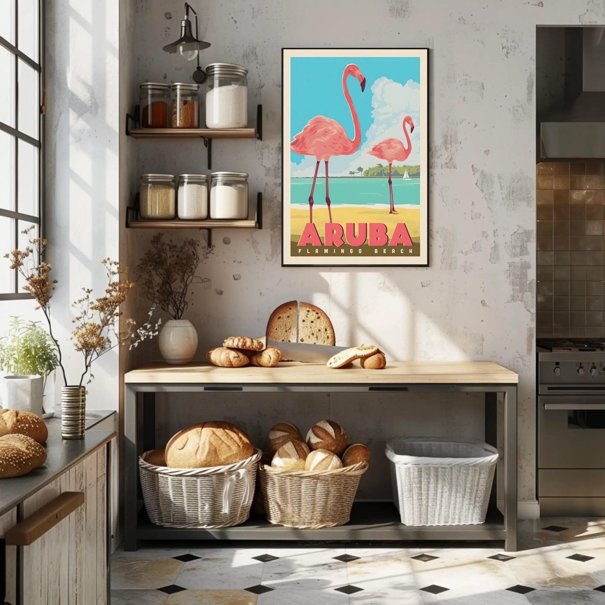 Flamingo Beach Aruba Retro Travel Paradise Poster PosterGoat