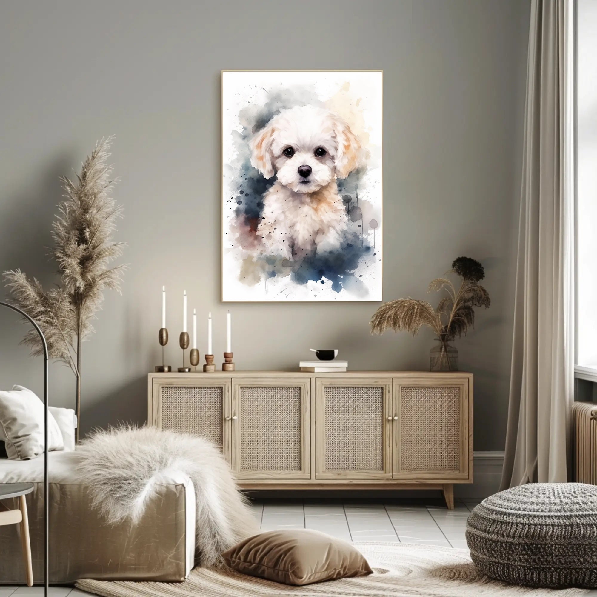 Fluffy White Puppy Watercolor Illustration Animal Poster PosterGoat
