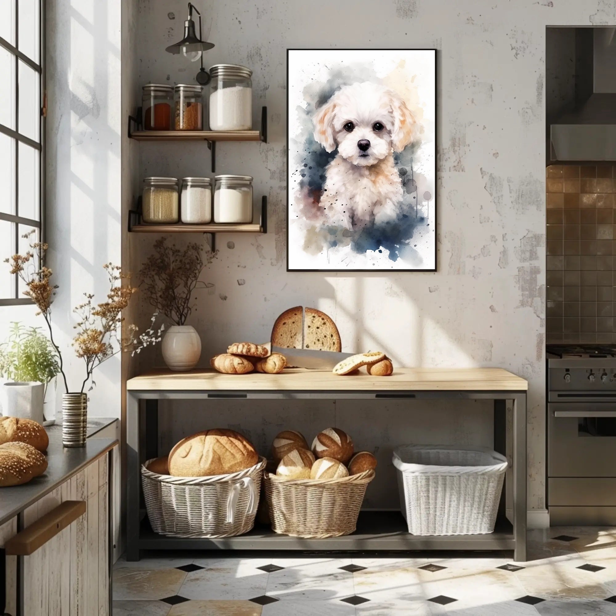 Fluffy White Puppy Watercolor Illustration Animal Poster PosterGoat
