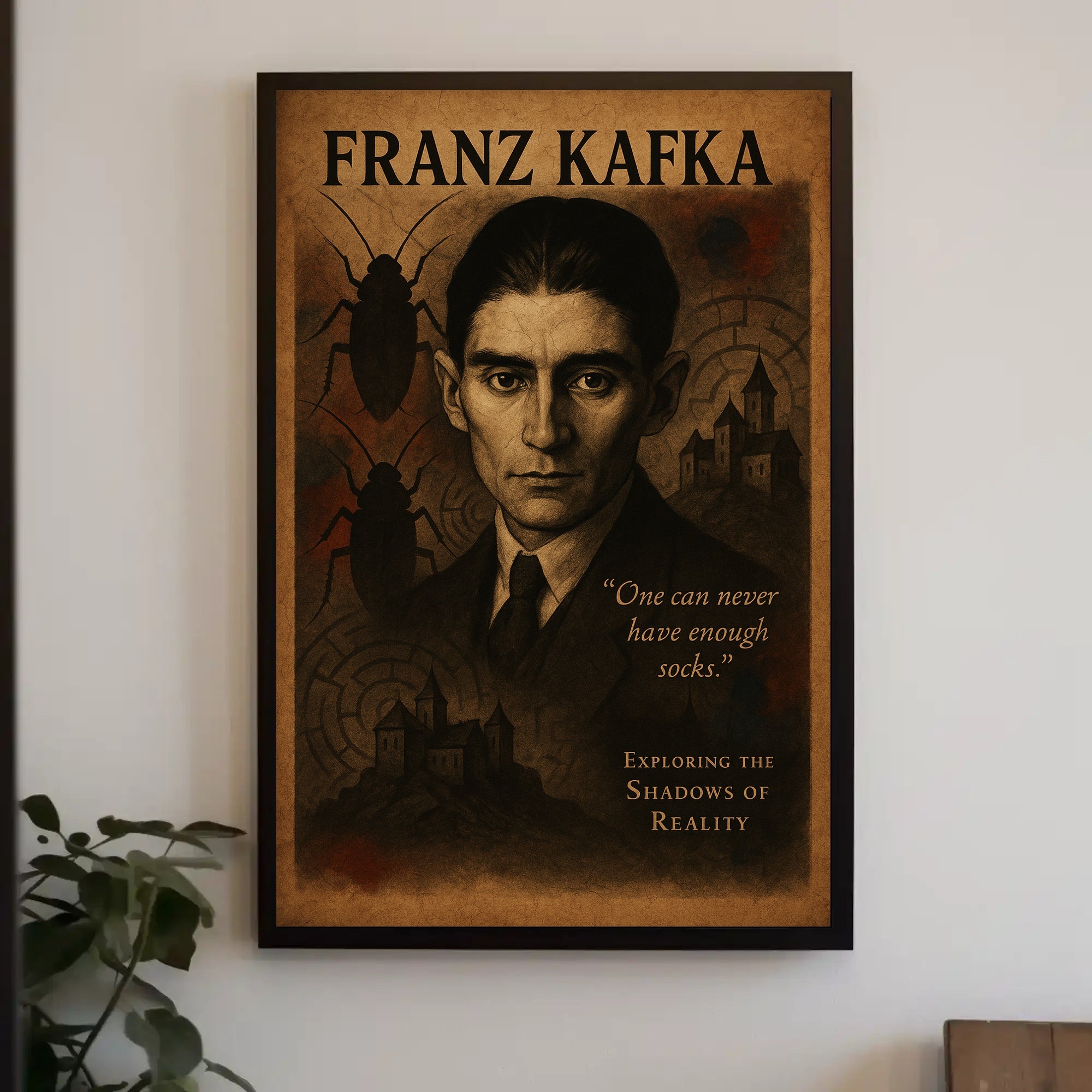 Franz Kafka Exploring the Shadows of Reality Poster PosterGoat