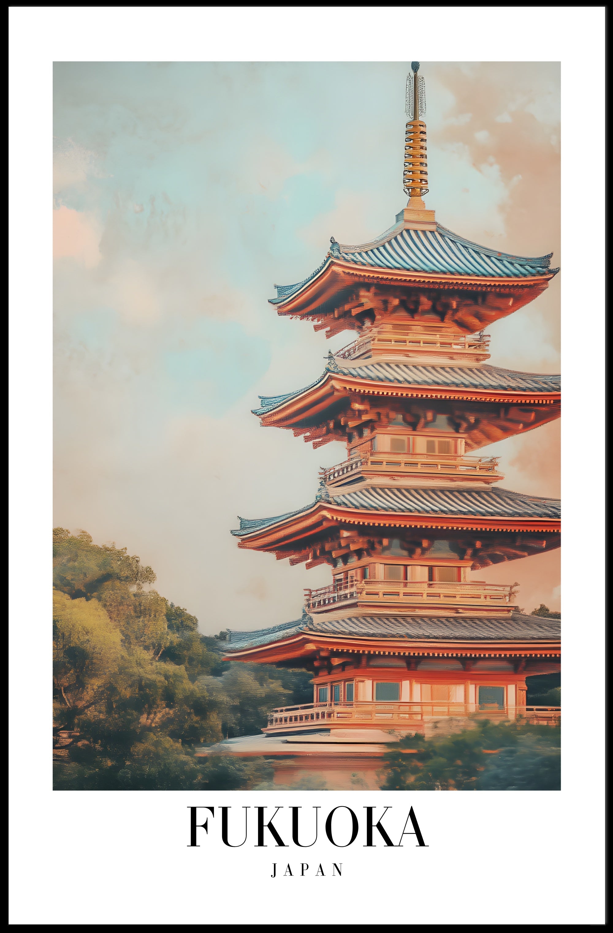 Fukuoka Tranquil Pagoda Travel Poster PosterGoat
