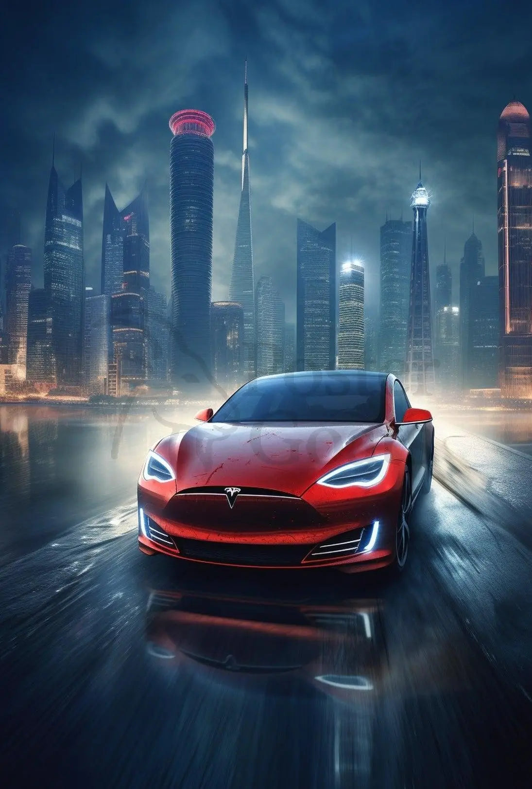 Futuristic Car in Urban Cityscape Sci-Fi Poster PosterGoat