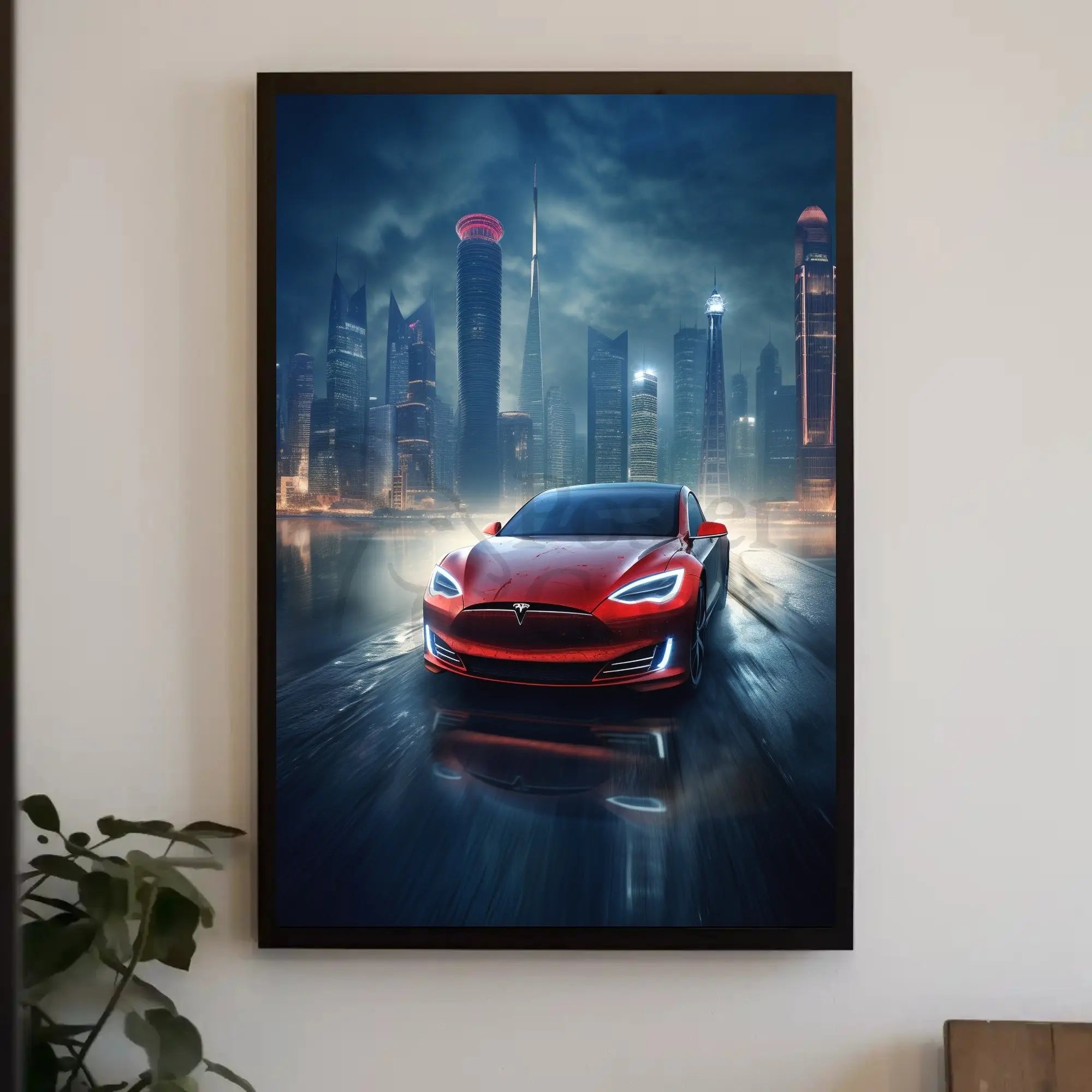 Futuristic Car in Urban Cityscape Sci-Fi Poster PosterGoat