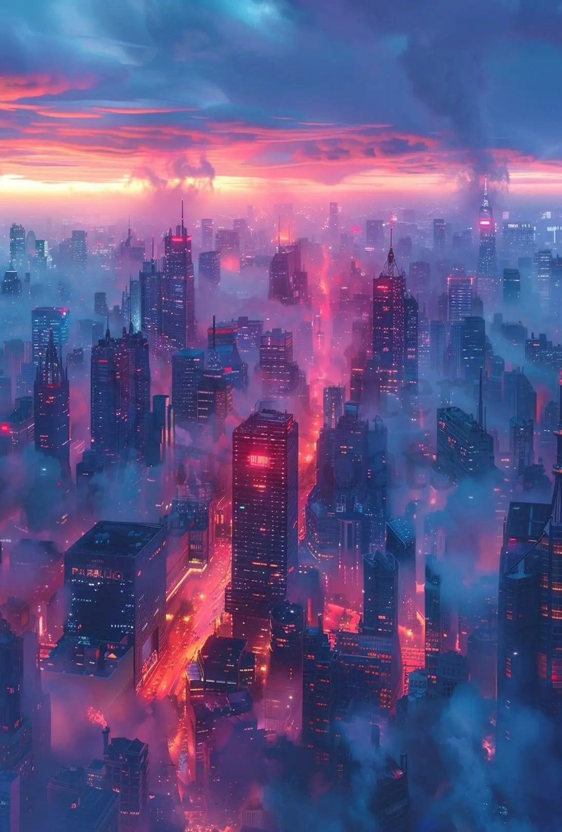 Futuristic Cityscape Illustration with Cyberpunk Aesthetic Poster PosterGoat