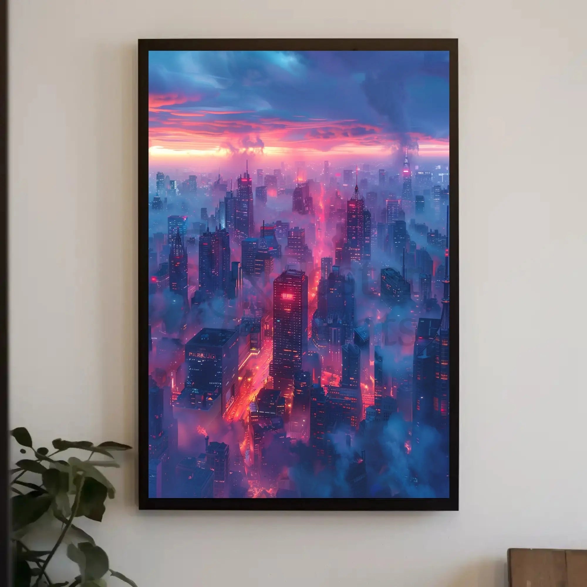 Futuristic Cityscape Illustration with Cyberpunk Aesthetic Poster PosterGoat