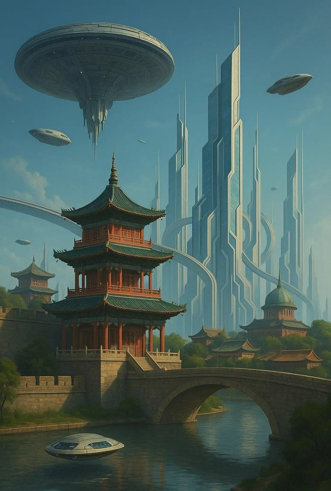 Futuristic Cityscape with Eastern Architecture Sci-Fi Poster PosterGoat