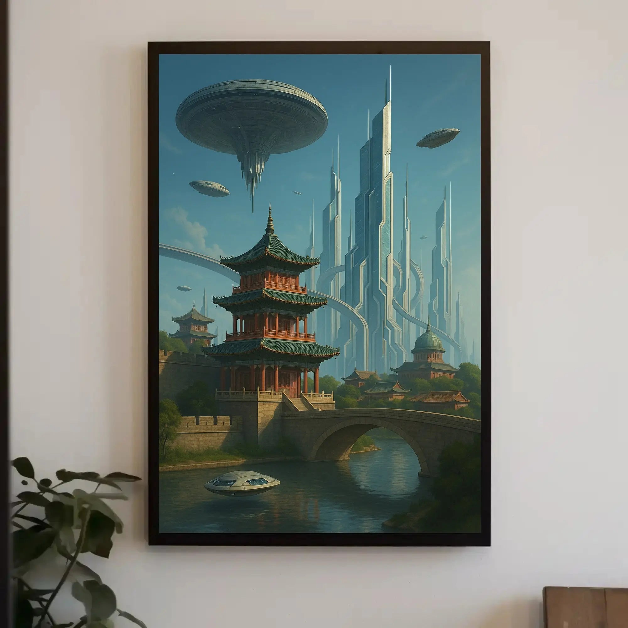 Futuristic Cityscape with Eastern Architecture Sci-Fi Poster PosterGoat