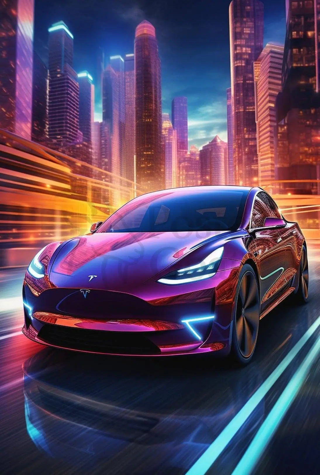 Futuristic Cityscape with Tesla: A Vibrant Sci-Fi Poster PosterGoat