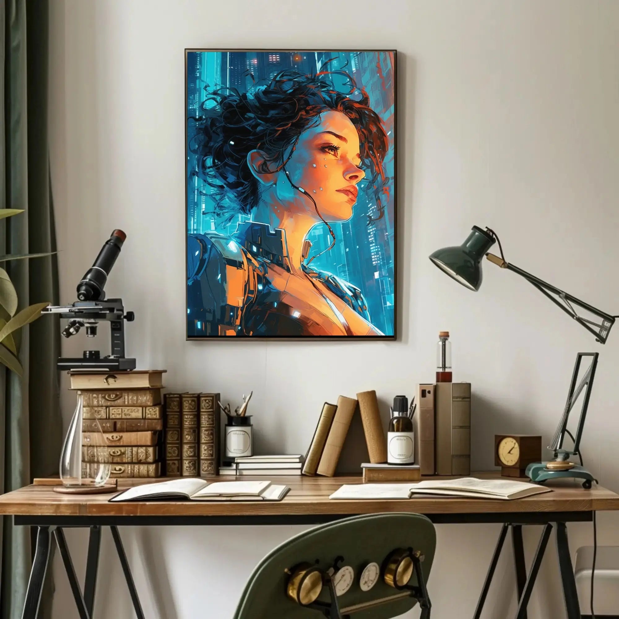 Futuristic Cyber Explorer Neon City Sci-Fi Poster PosterGoat