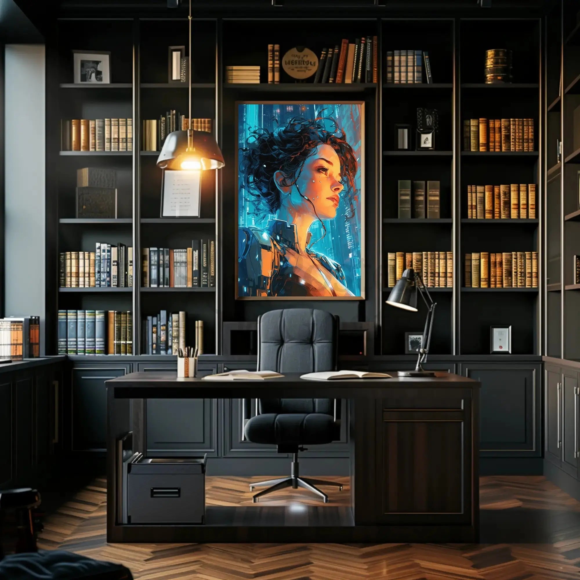 Futuristic Cyber Explorer Neon City Sci-Fi Poster PosterGoat