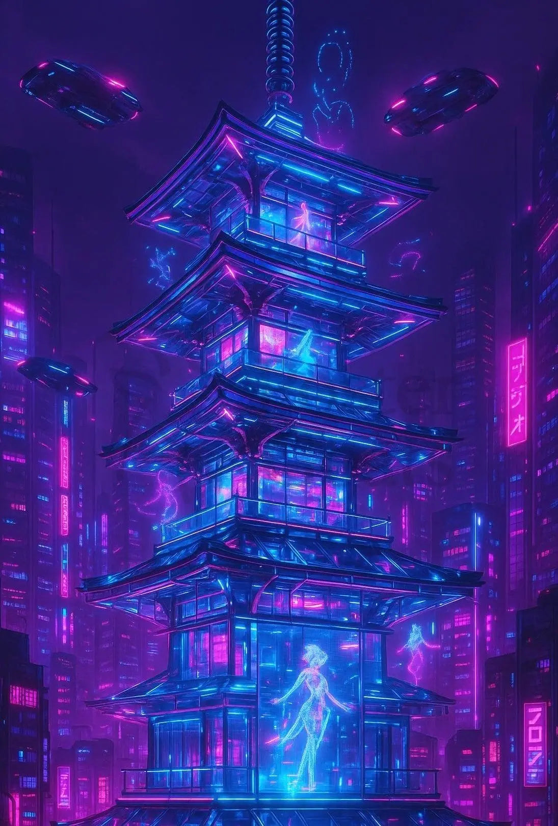 Futuristic Cyberpunk Cityscape with East Asian Elements Poster PosterGoat