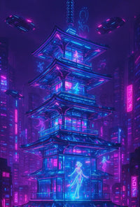 Futuristic Cyberpunk Cityscape with East Asian Elements Poster PosterGoat