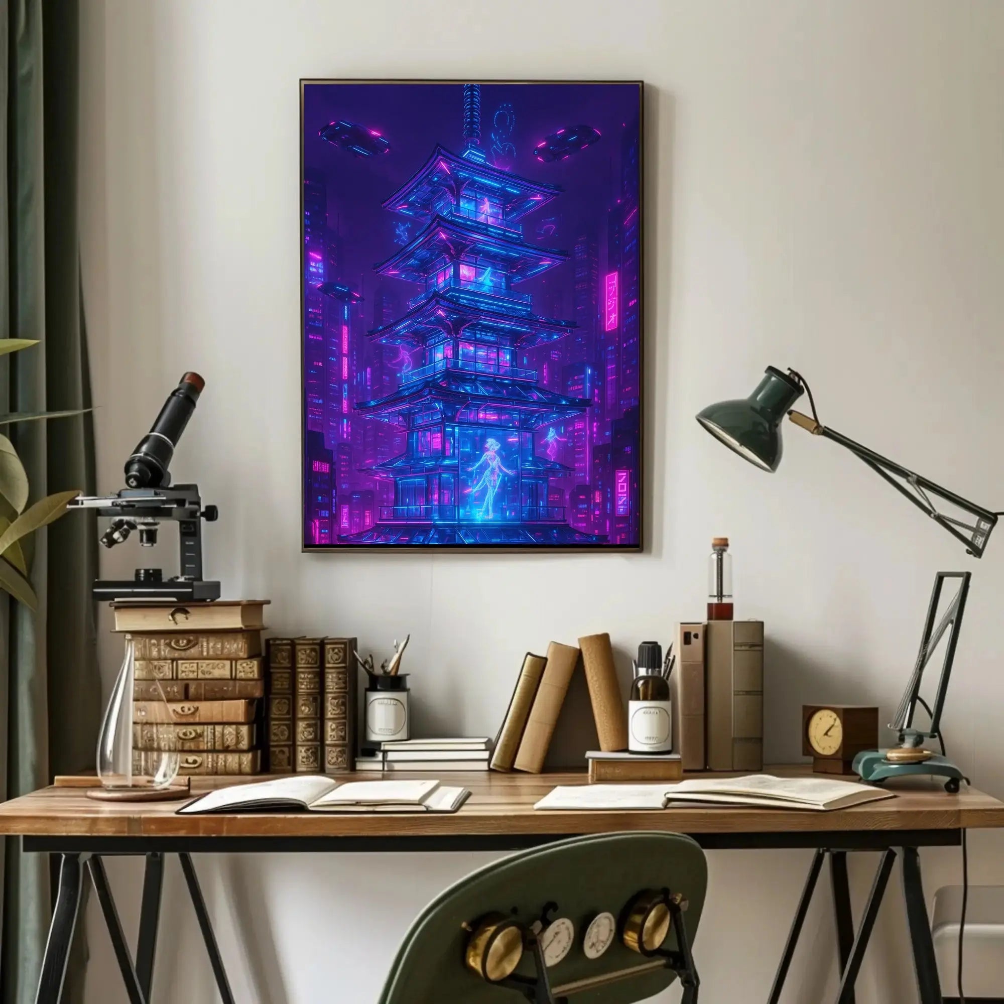 Futuristic Cyberpunk Cityscape with East Asian Elements Poster PosterGoat