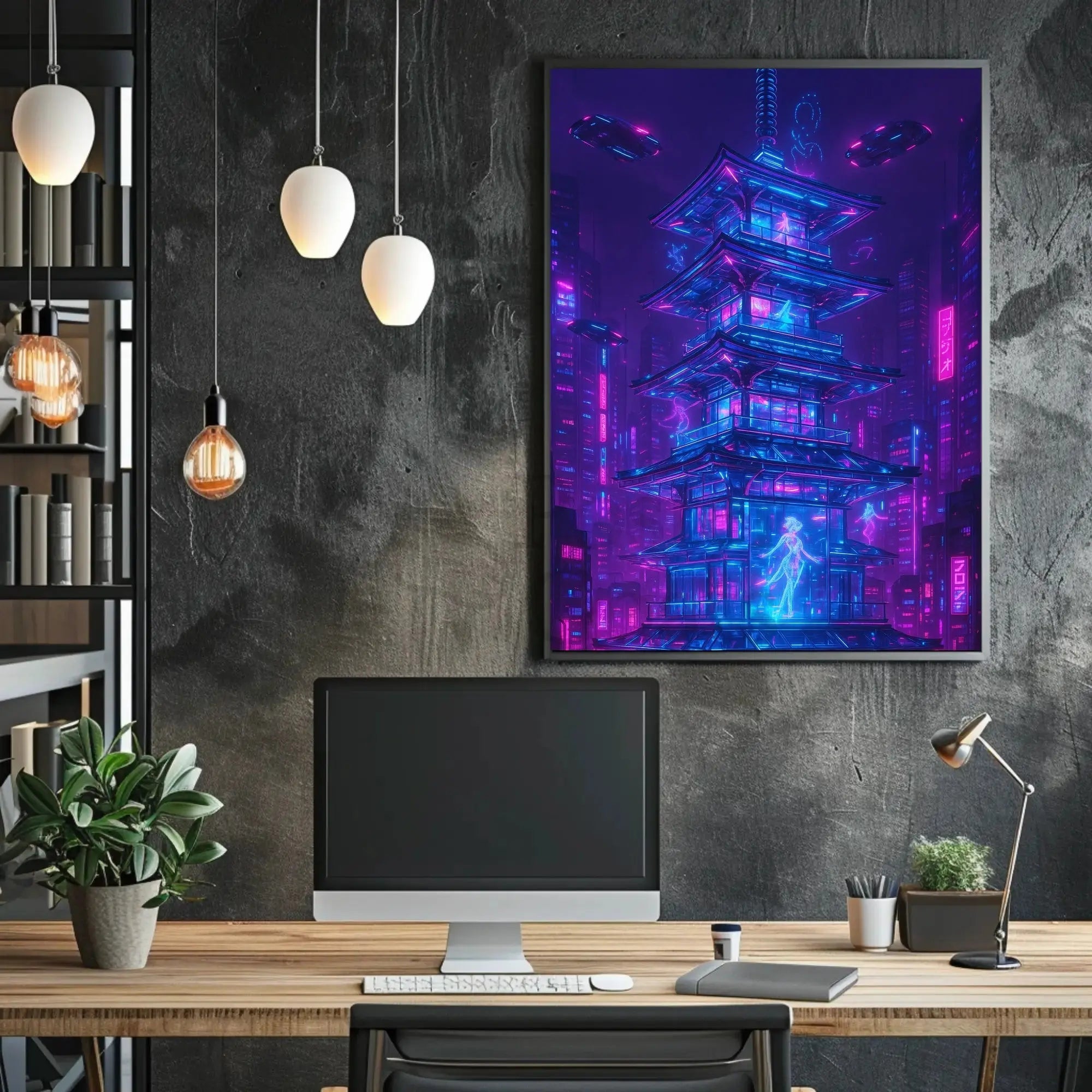 Futuristic Cyberpunk Cityscape with East Asian Elements Poster PosterGoat