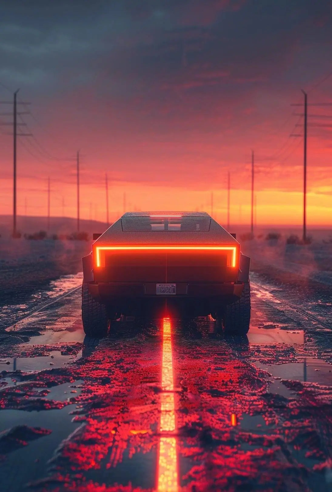 Futuristic Cybertruck Journey on Dramatic Road Sci-Fi Poster PosterGoat
