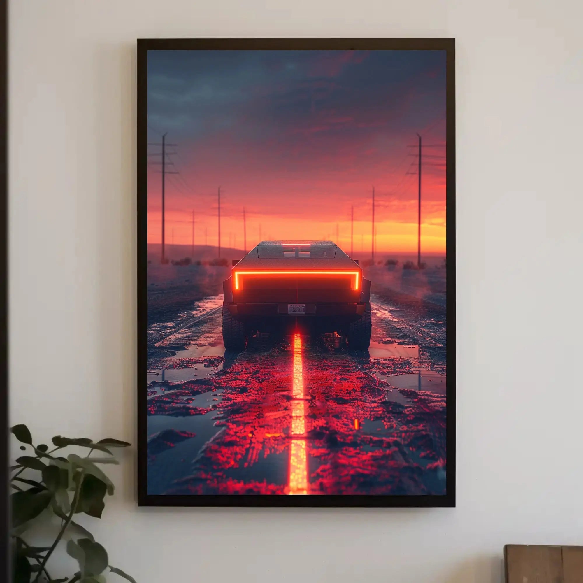 Futuristic Cybertruck Journey on Dramatic Road Sci-Fi Poster PosterGoat