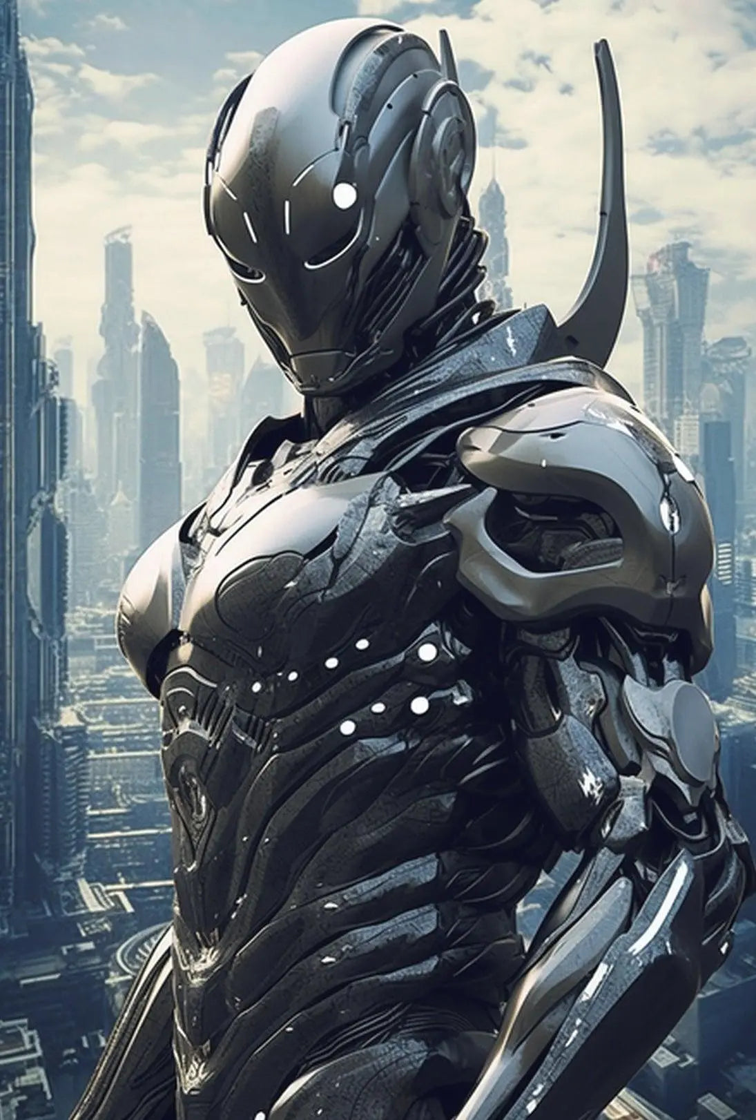 Futuristic Cyborg in High-Tech Cityscape Sci-Fi Poster PosterGoat