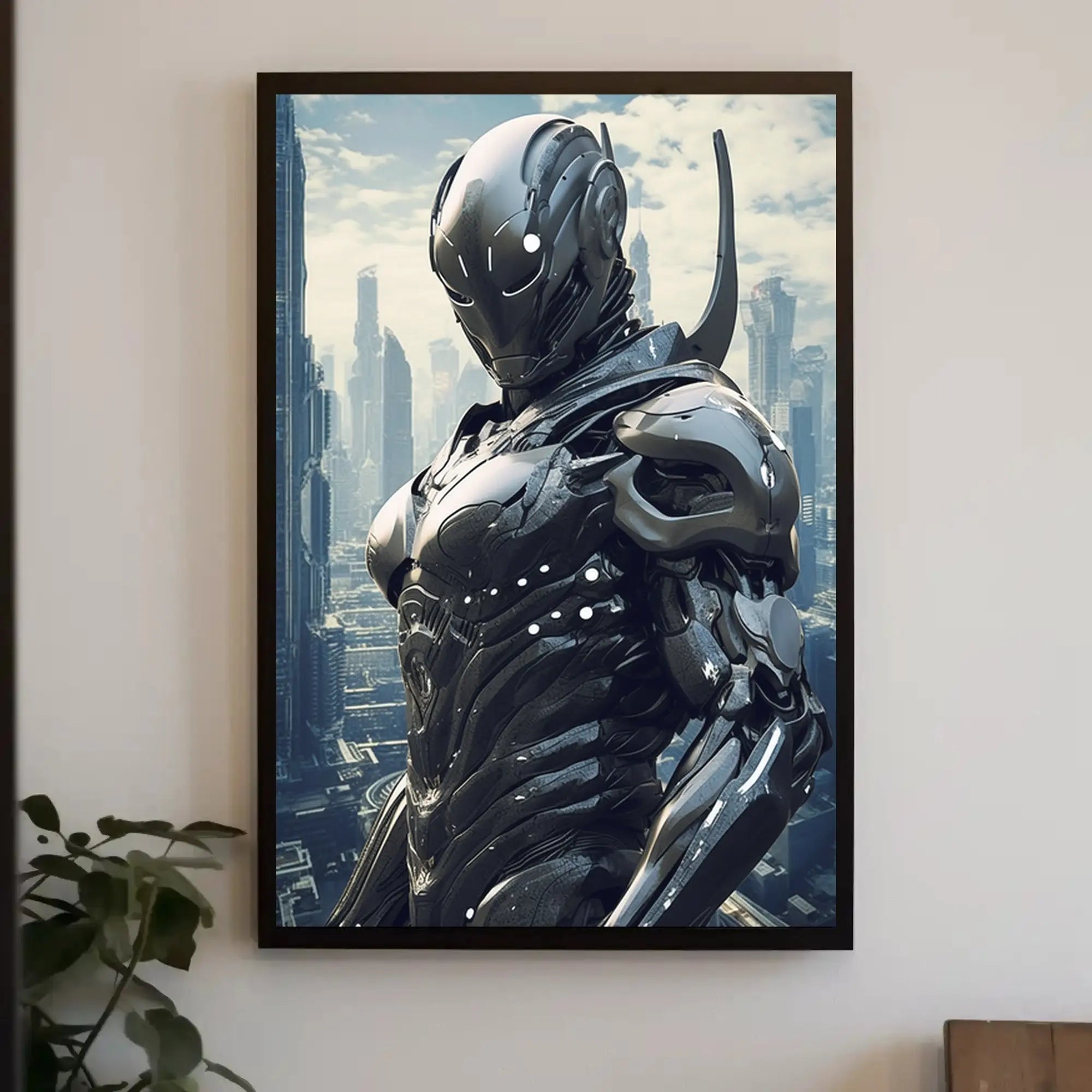 Futuristic Cyborg in High-Tech Cityscape Sci-Fi Poster PosterGoat