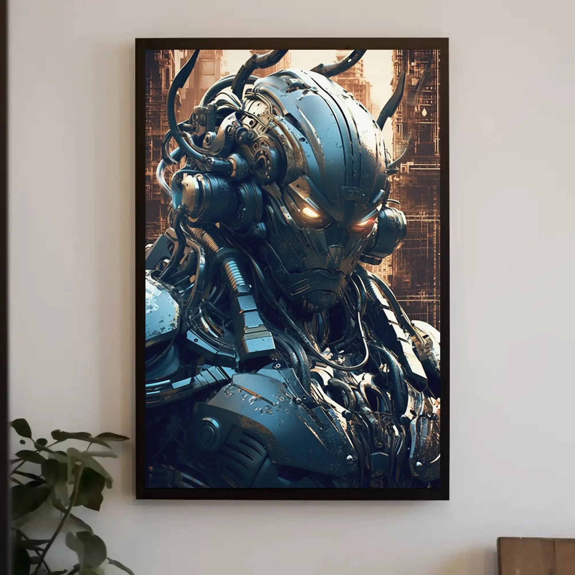 Futuristic Cyborg with Glowing Eyes Sci-Fi Poster PosterGoat