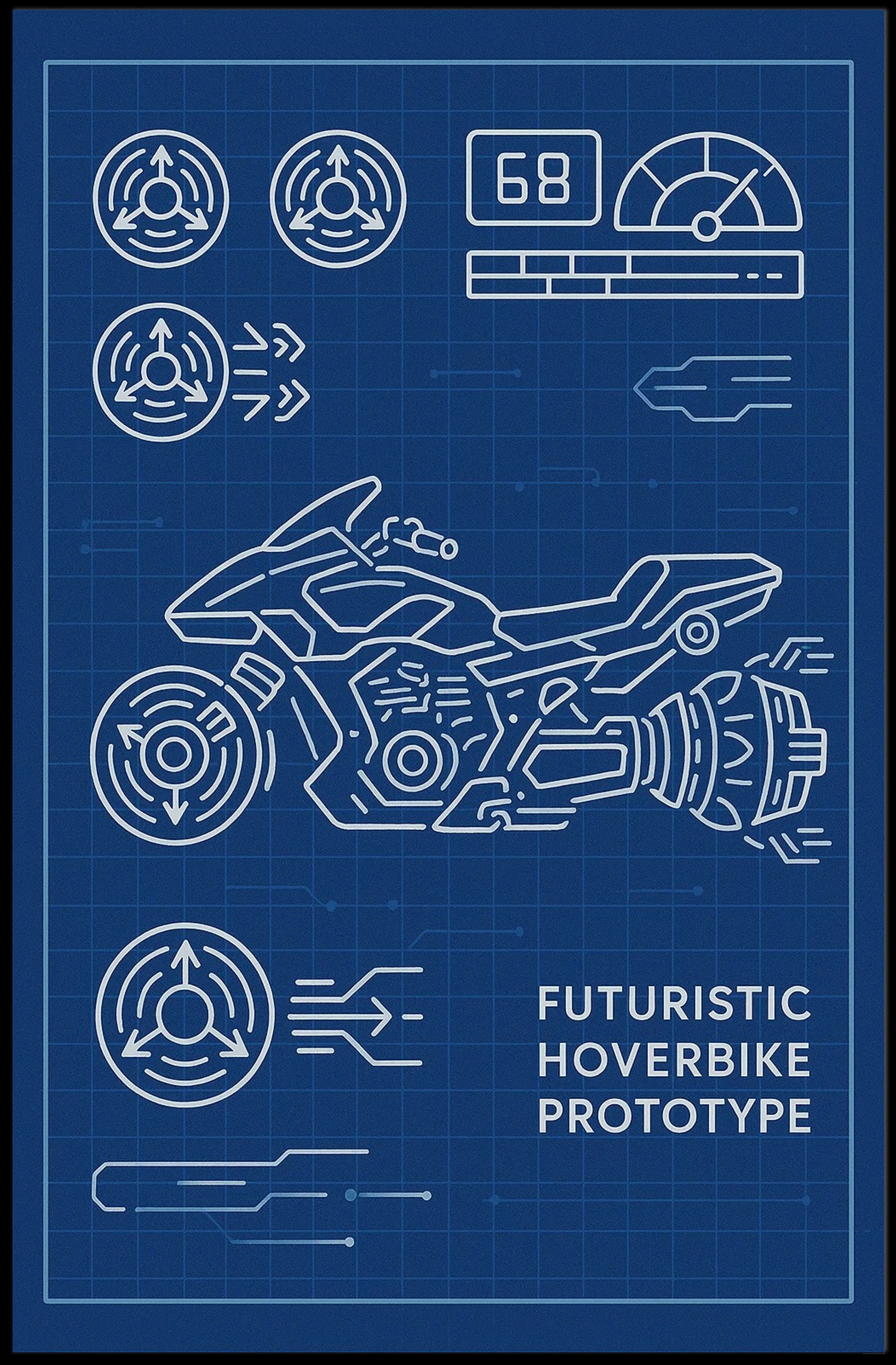 Futuristic Hoverbike Prototype Sci-Fi Blueprint Poster PosterGoat