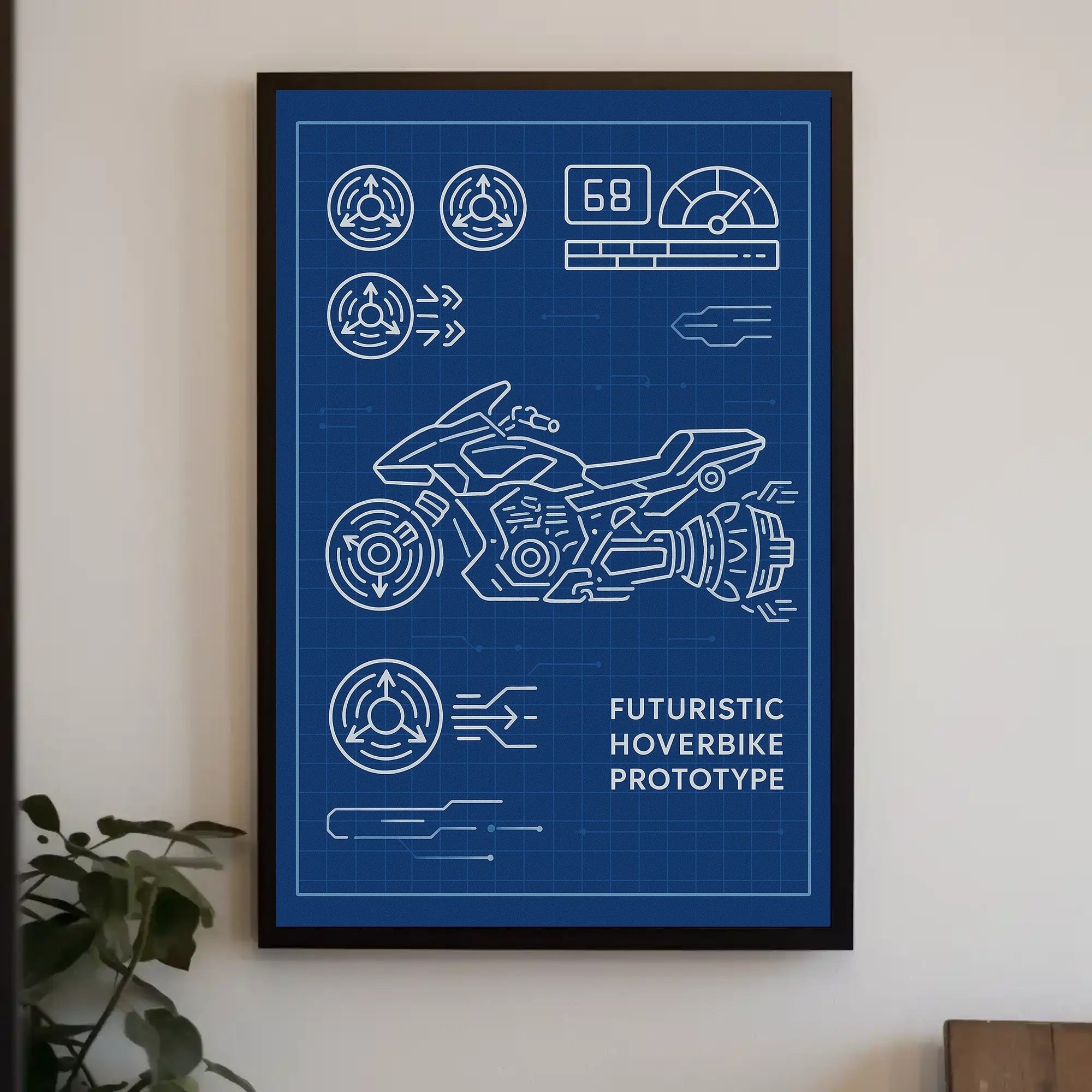 Futuristic Hoverbike Prototype Sci-Fi Blueprint Poster PosterGoat