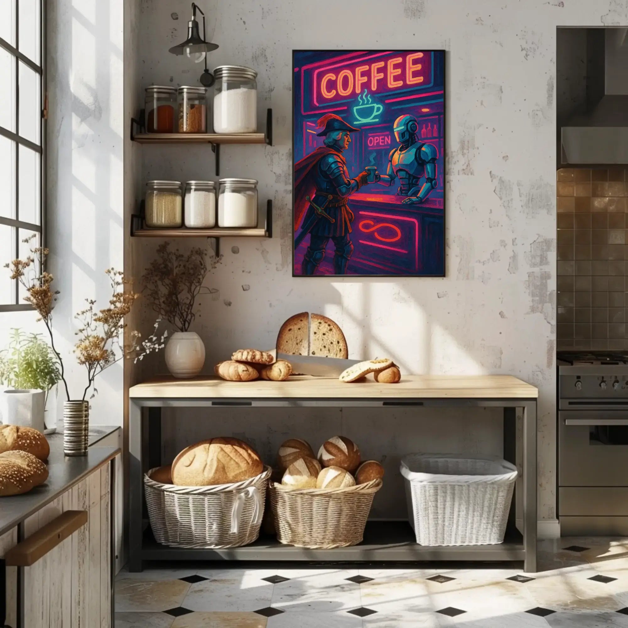 Futuristic Medieval Coffee Bar Scene Futuristic Sci-Fi Poster PosterGoat