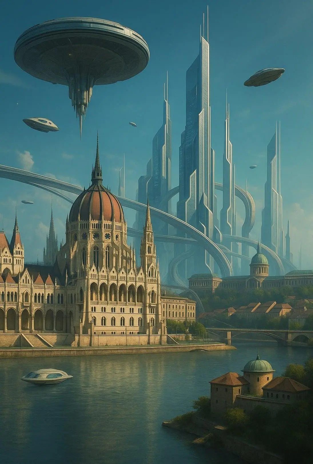 Futuristic Metropolis Blending Past and Future Sci-Fi Poster PosterGoat