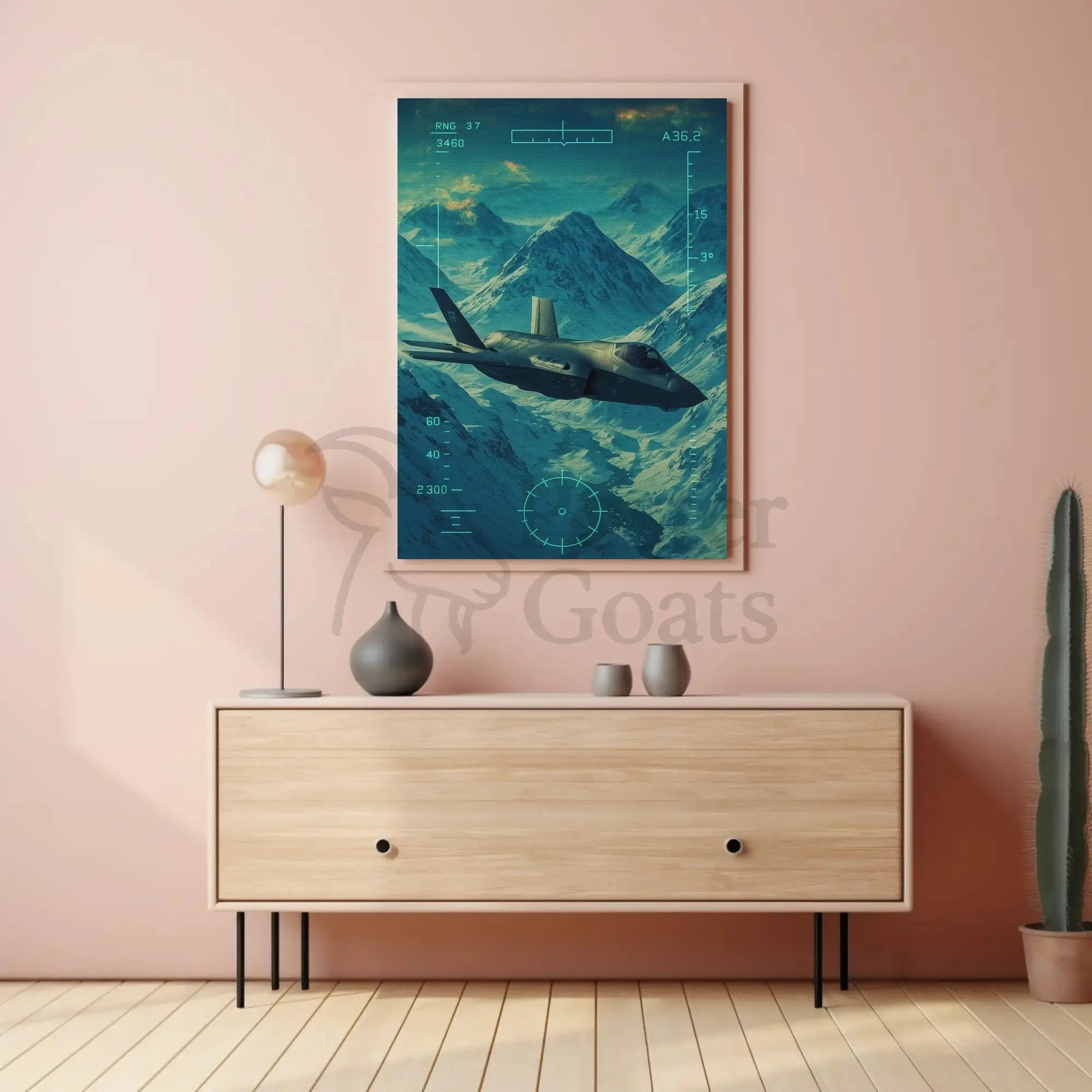 Futuristic Military Jet Over Snowy Mountains Sci-Fi Poster PosterGoat