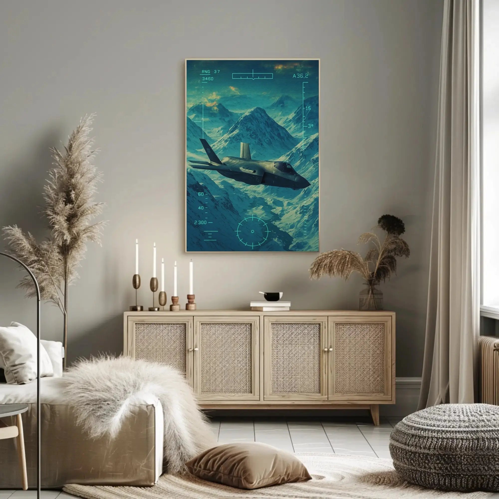 Futuristic Military Jet Over Snowy Mountains Sci-Fi Poster PosterGoat