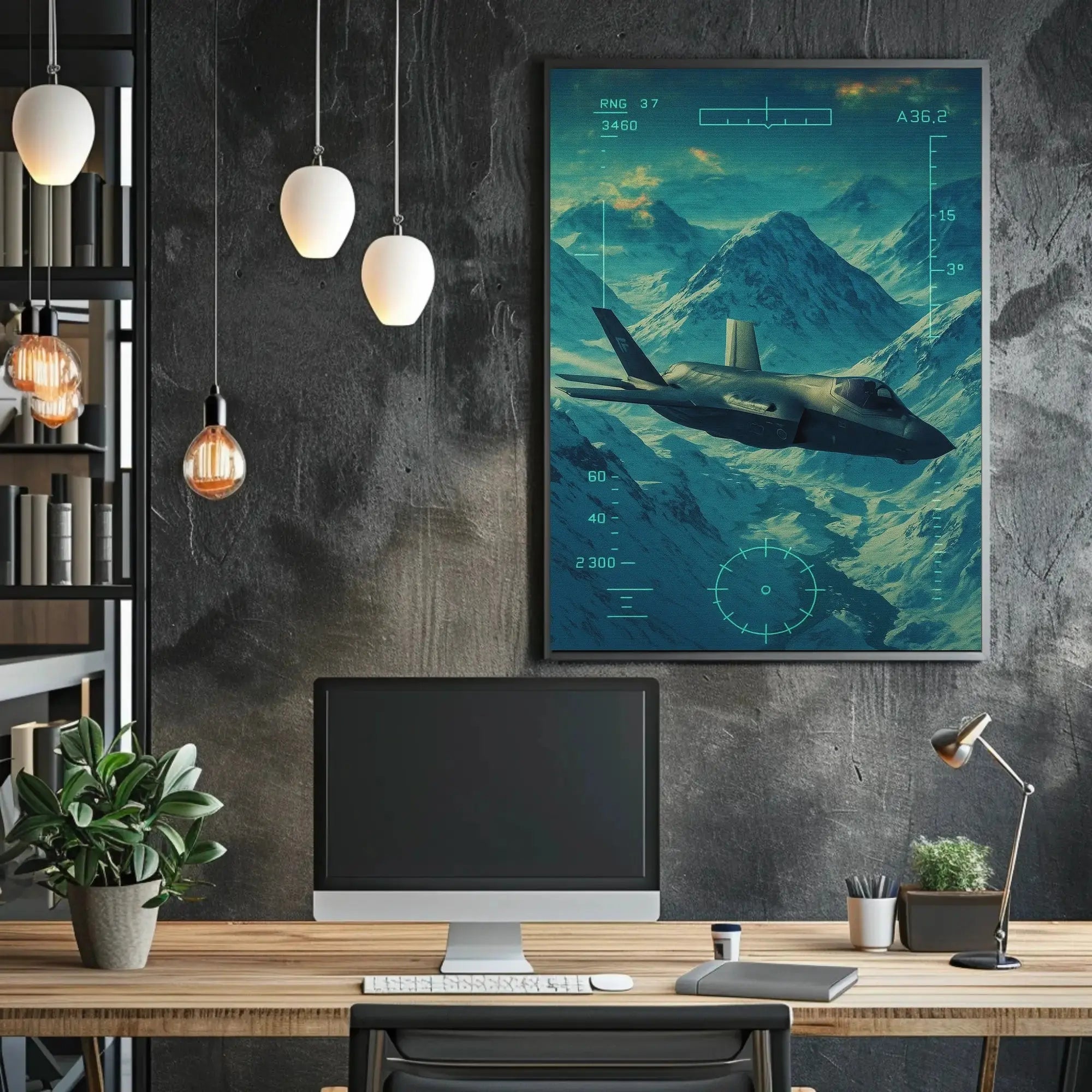 Futuristic Military Jet Over Snowy Mountains Sci-Fi Poster PosterGoat
