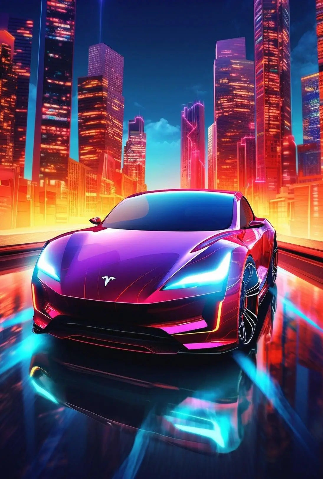 Futuristic Neon Car Cityscape Vibrant Futuristic Sci-Fi Poster PosterGoat
