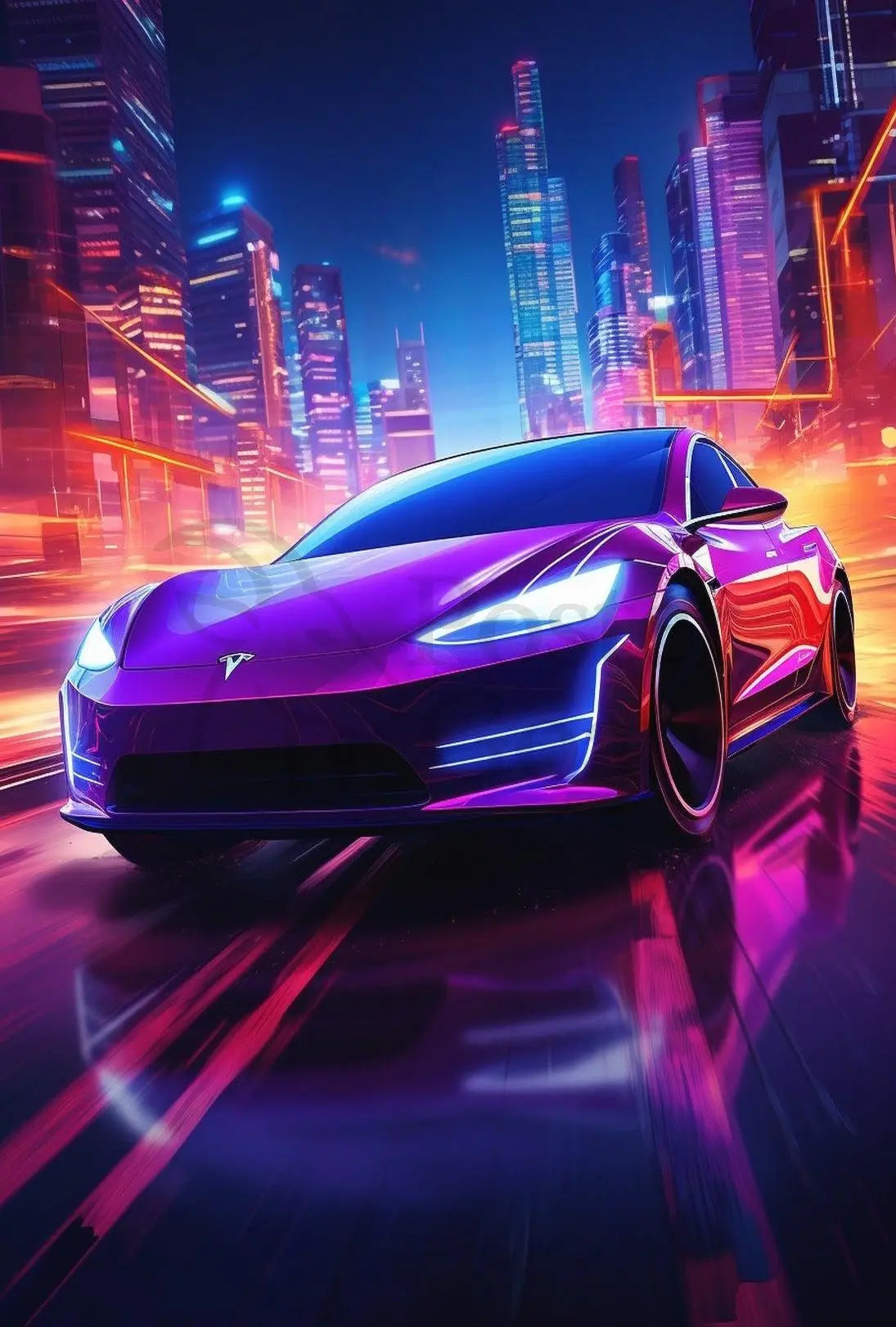 Futuristic Neon Cityscape Car Racing Sci-Fi Poster PosterGoat
