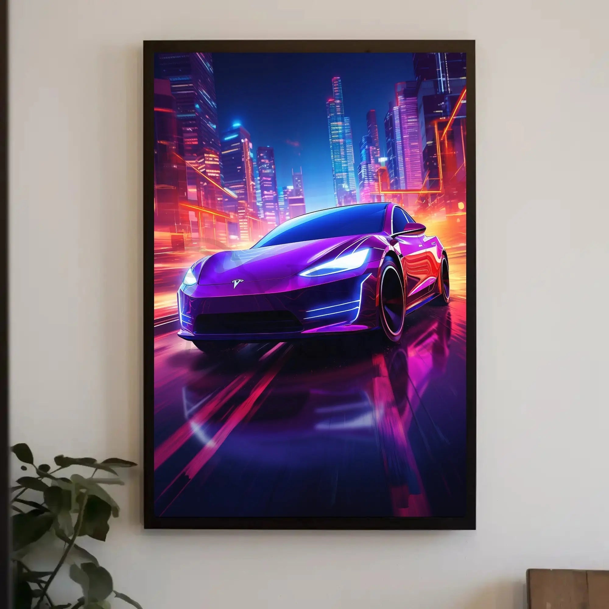 Futuristic Neon Cityscape Car Racing Sci-Fi Poster PosterGoat