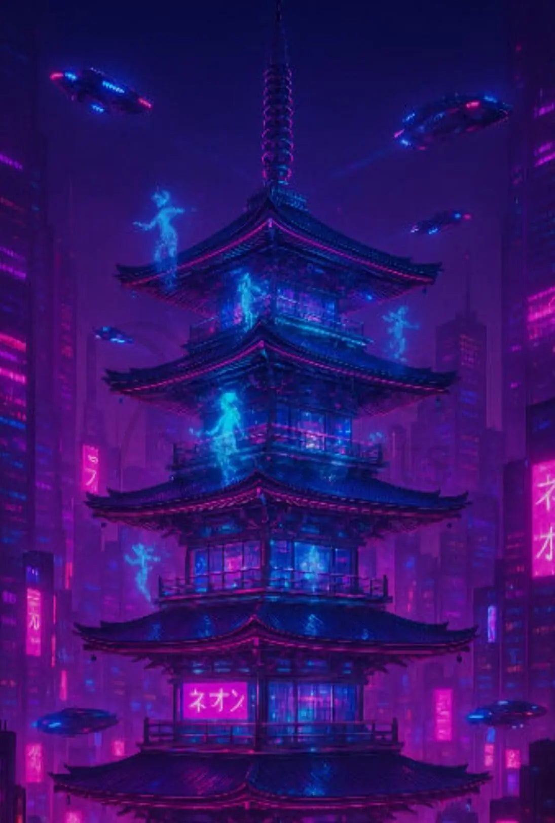Futuristic Neon Pagoda Cyberpunk Cityscape Sci-Fi Poster PosterGoat