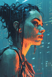 Futuristic Rainy Cityscape Cyberpunk Sci-Fi Poster PosterGoat