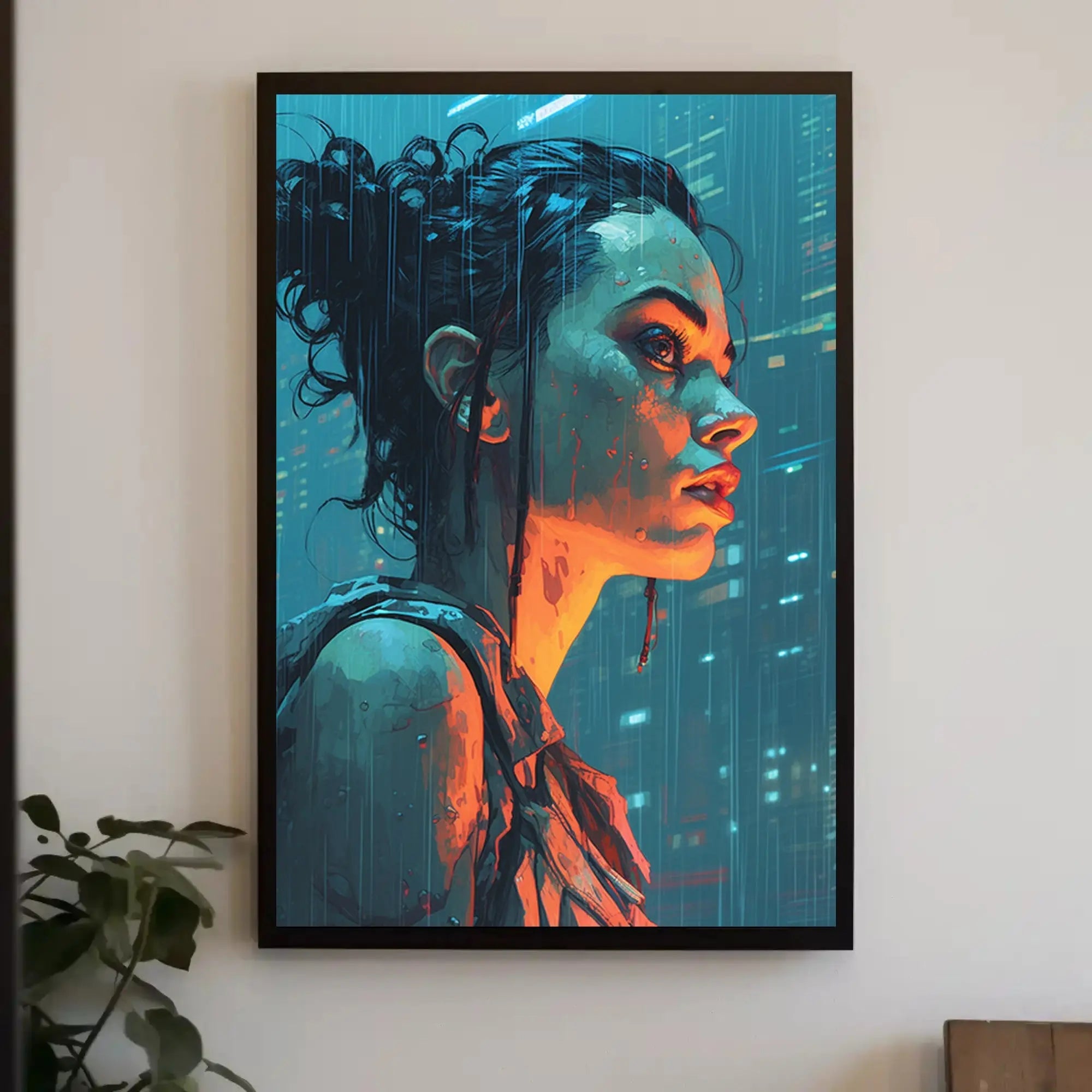 Futuristic Rainy Cityscape Cyberpunk Sci-Fi Poster PosterGoat