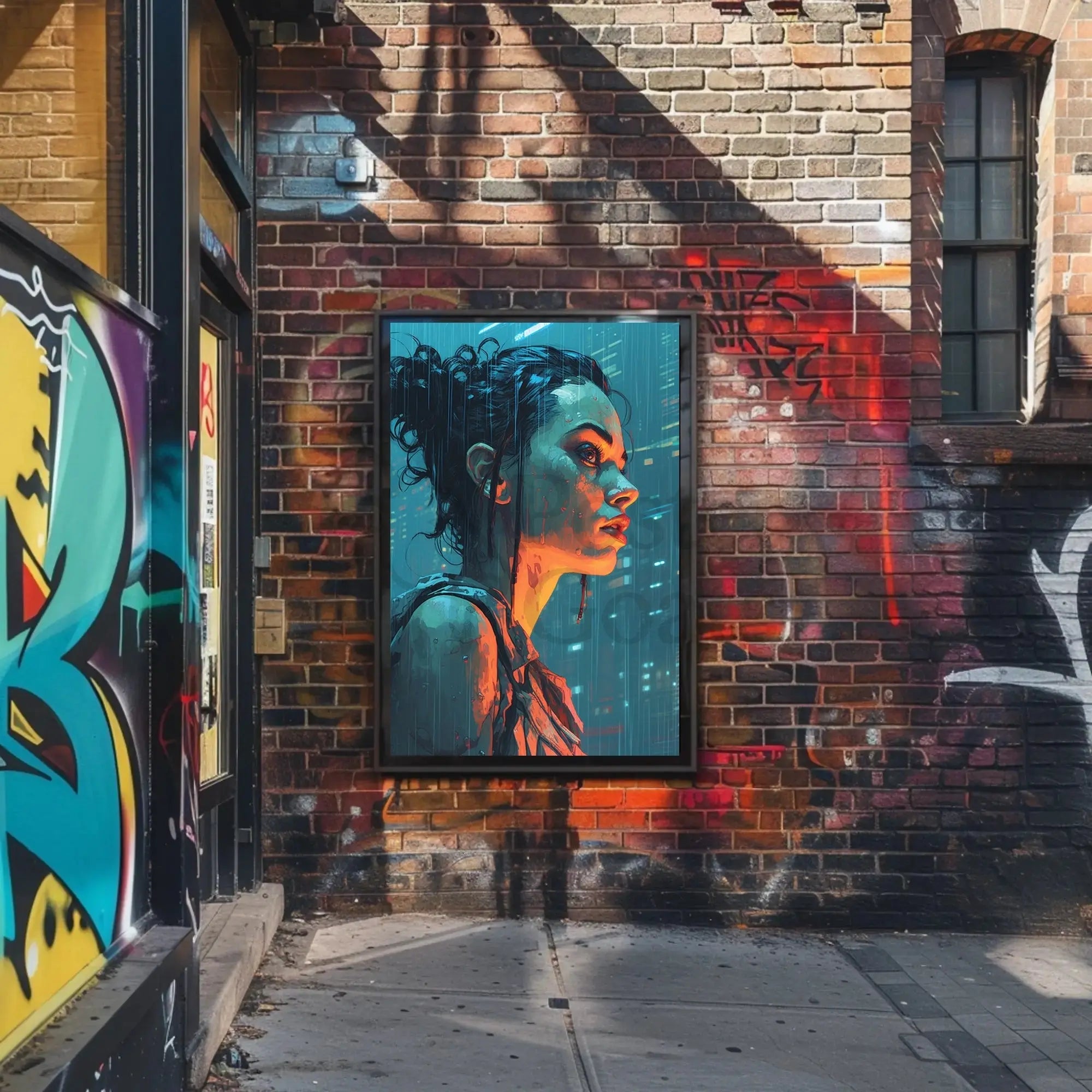 Futuristic Rainy Cityscape Cyberpunk Sci-Fi Poster PosterGoat