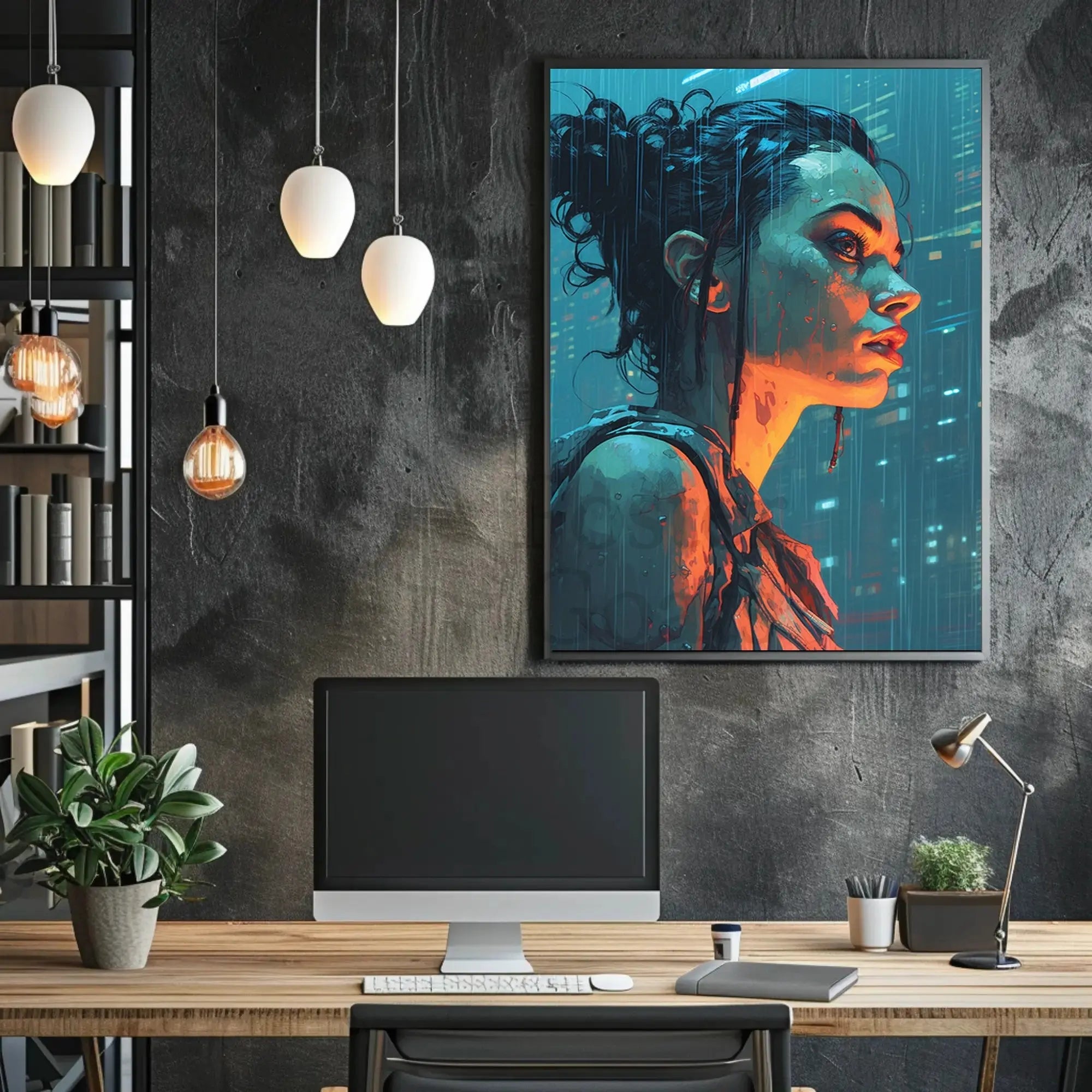 Futuristic Rainy Cityscape Cyberpunk Sci-Fi Poster PosterGoat