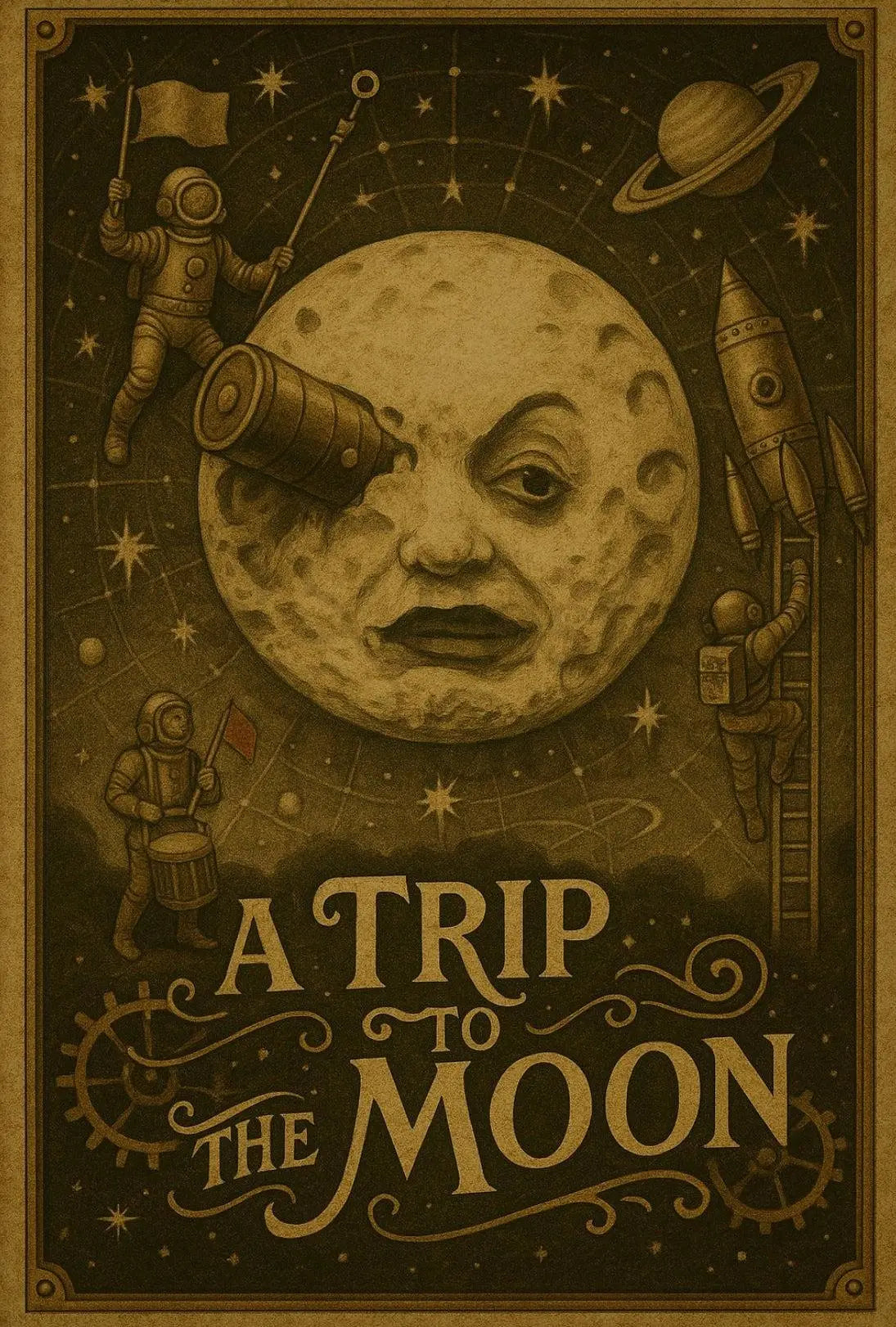 Futuristic Sci-Fi Moon Poster with Whimsical Design PosterGoat
