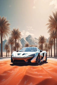 Futuristic Sports Car Desert Landscape Poster PosterGoat