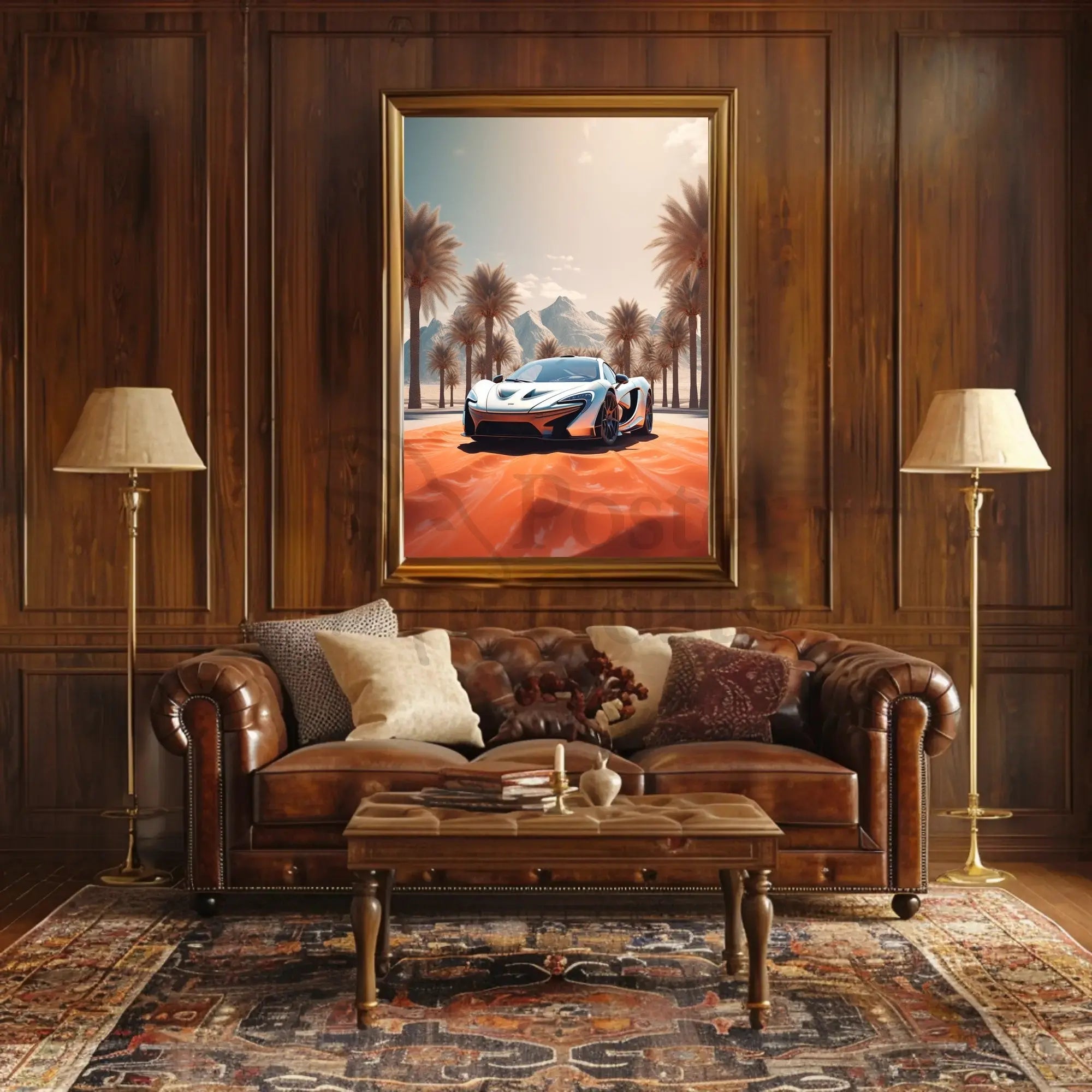 Futuristic Sports Car Desert Landscape Poster PosterGoat