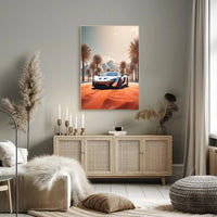 Futuristic Sports Car Desert Landscape Poster PosterGoat