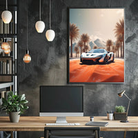 Futuristic Sports Car Desert Landscape Poster PosterGoat